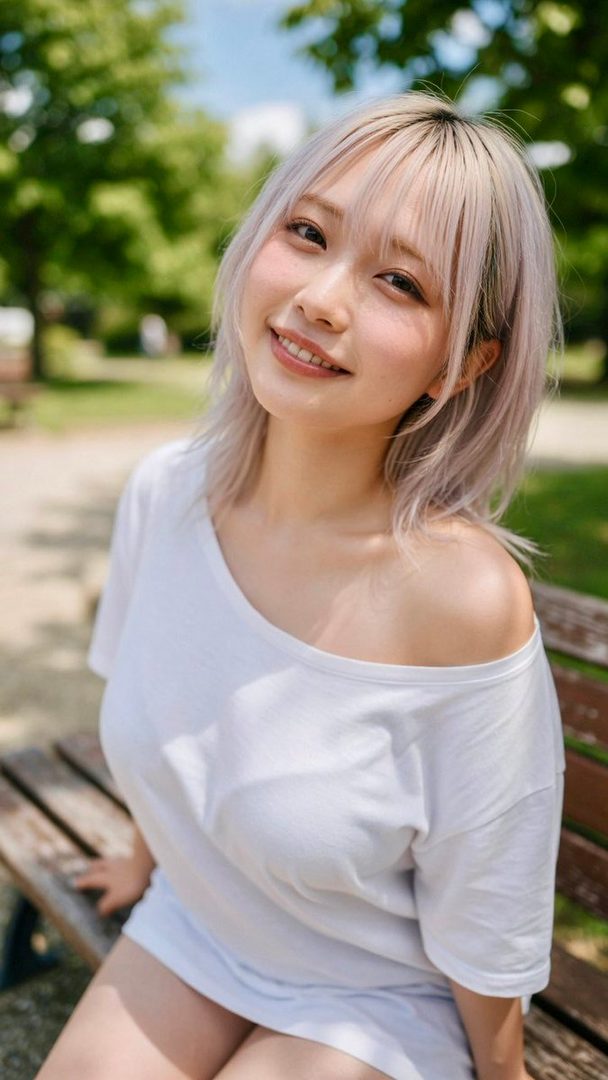 Young woman with light purple hair smiling while sitting on a wooden bench in a sunny park.