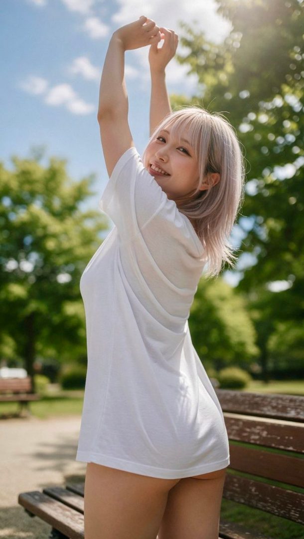 A young woman with light purple hair in a white t-shirt smiles and stretches her arms in a sunny park.