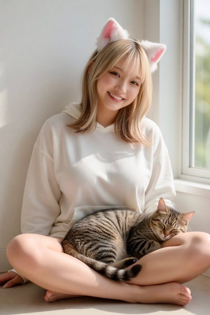 A smiling young blonde woman wearing cat ears cuddles a sleeping tabby cat on her lap while sitting by a sunlit window.