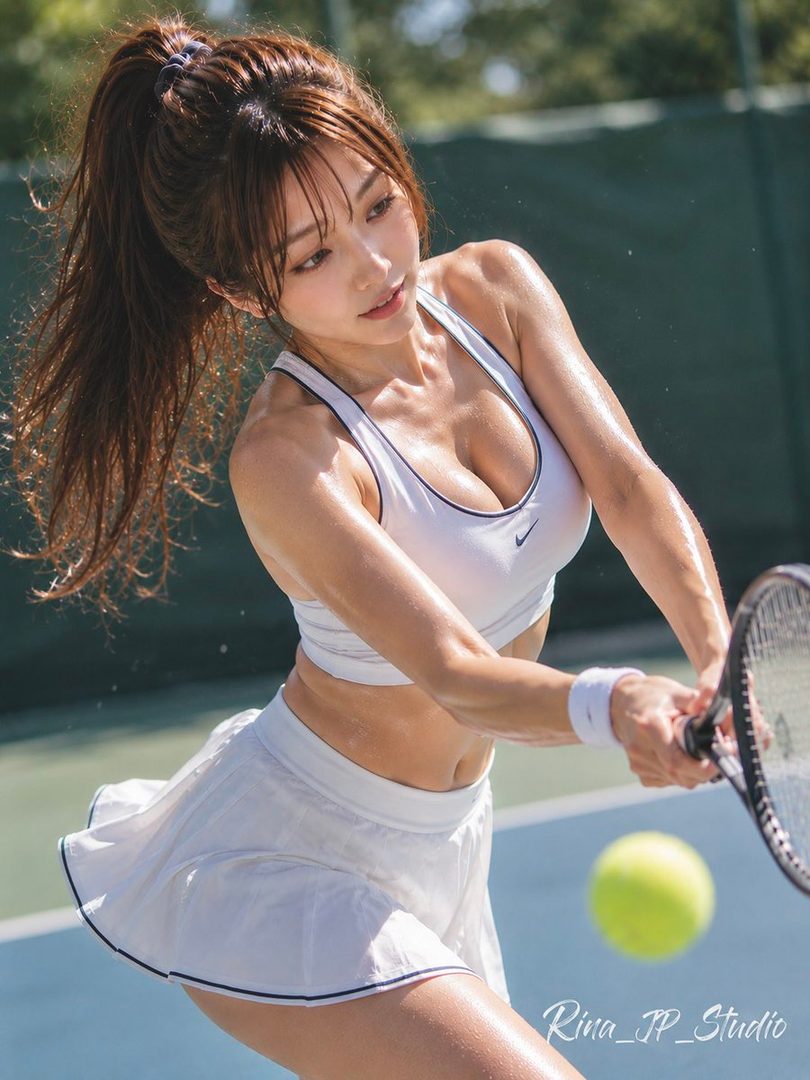 A woman with brown hair in a ponytail, wearing a white sports bra and tennis skirt, playing tennis on a court.