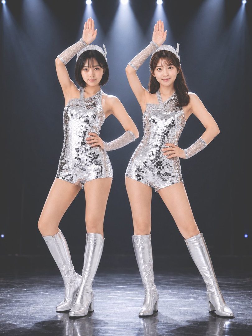 Two young women in matching silver sequined outfits and boots posing confidently on a dark stage under dramatic spotlights.