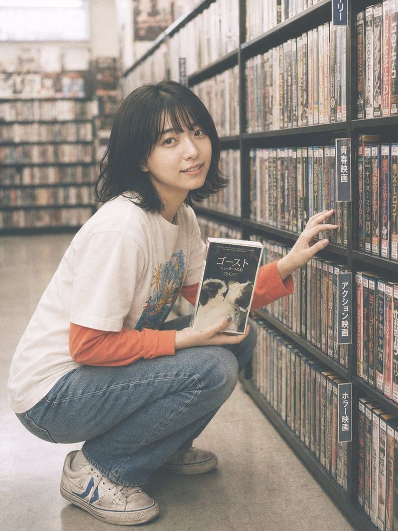 Young Japanese woman with short black hair squatting in a retro video store, holding a Ghost DVD and smiling at the camera.