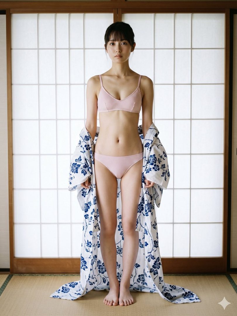 Young East Asian woman in pink striped bikini holding open a blue floral robe in a sunlit tatami room with shoji screens.