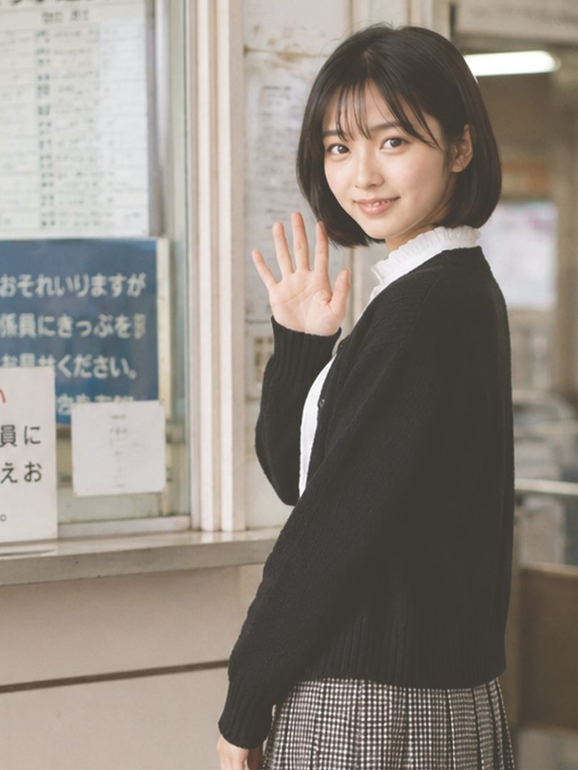 Young Japanese woman with short black bob hair smiling and waving while wearing a black cardigan over a white shirt and checkered skirt in a bright indoor setting.