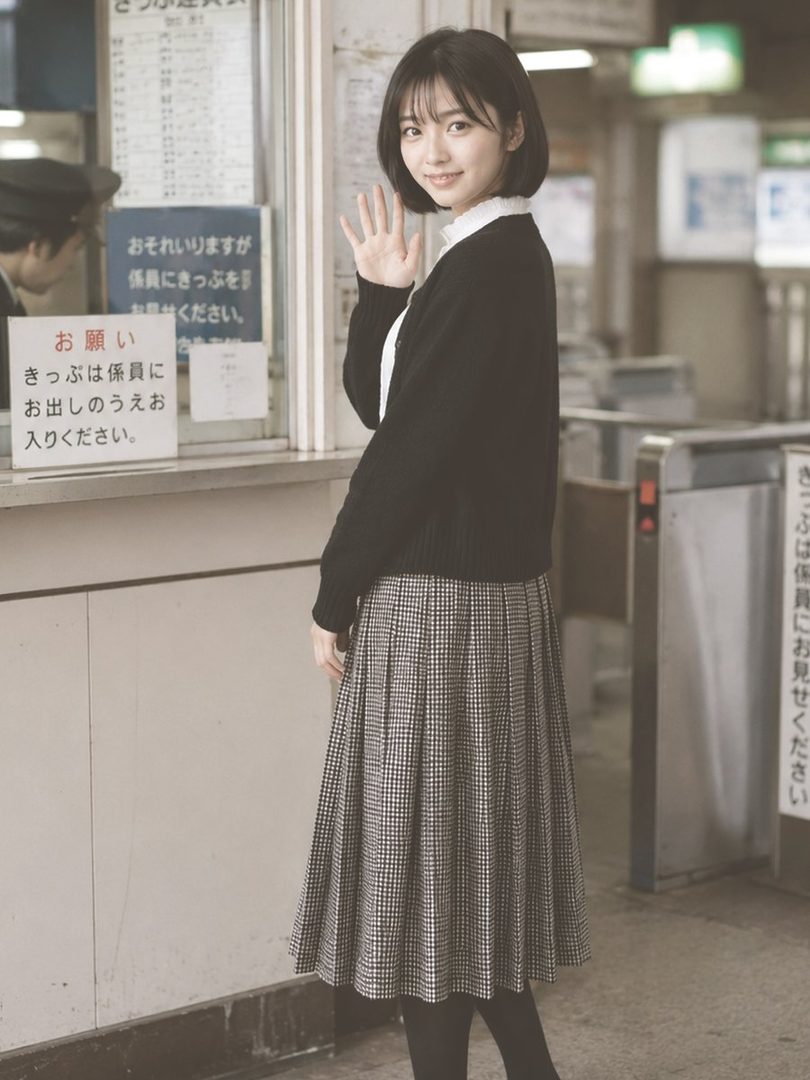Young Japanese woman with short black bob hair smiling and waving in a retro train station, wearing a black cardigan over a white collar and houndstooth pleated skirt.