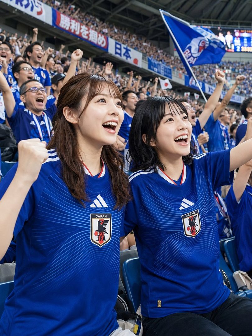 Two young Japanese women in blue national team jerseys cheering with excitement in a crowded soccer stadium.
