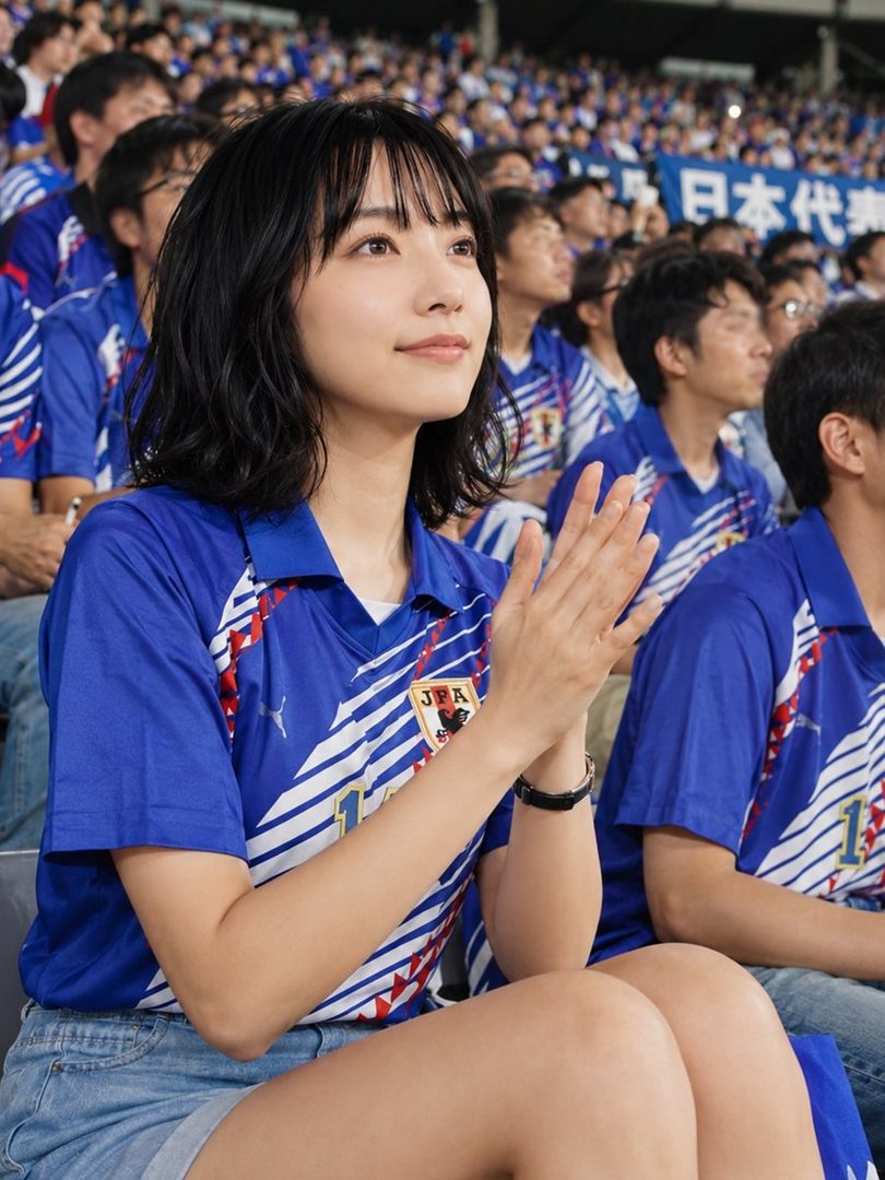 Young Japanese woman in a retro blue national soccer jersey clapping enthusiastically amid a packed stadium crowd.