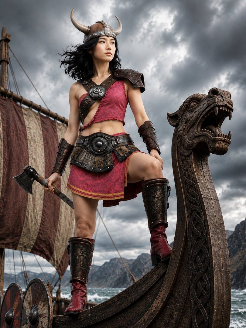 A fierce Asian woman warrior in red Viking armor and horned helmet stands confidently on the prow of a dragon-headed longship under stormy skies.