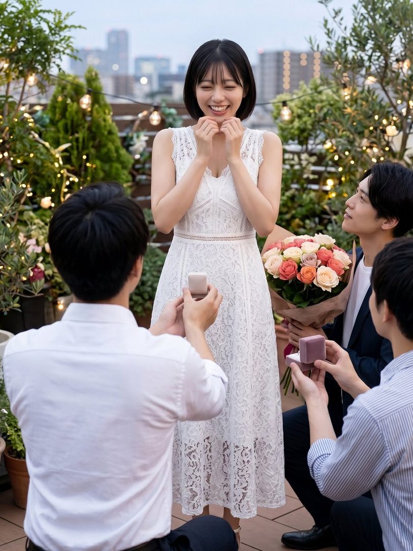 Young Japanese woman in white lace dress smiles with hands to her face during a romantic rooftop marriage proposal at dusk.