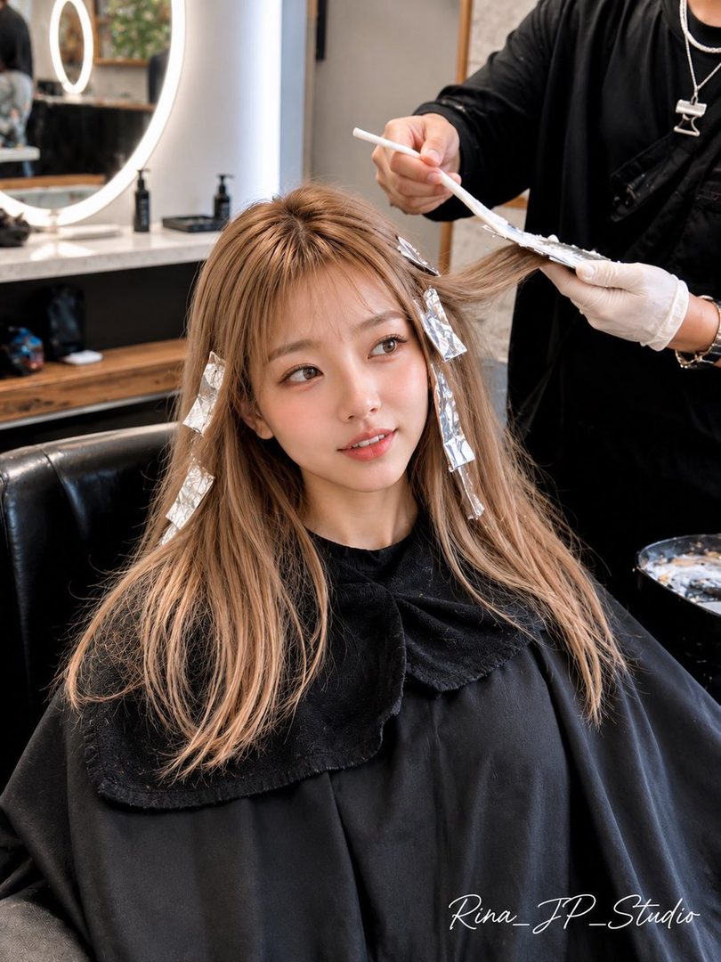 A young woman with light brown hair is getting her hair colored at a salon, wearing a black salon cape and looking to the side with a gentle smile.