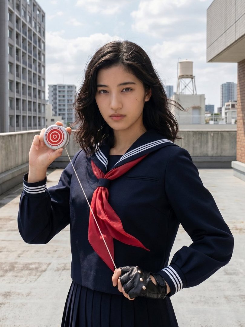 Young East Asian woman in a dark blue sailor uniform holding a red and white yo-yo on an urban rooftop.