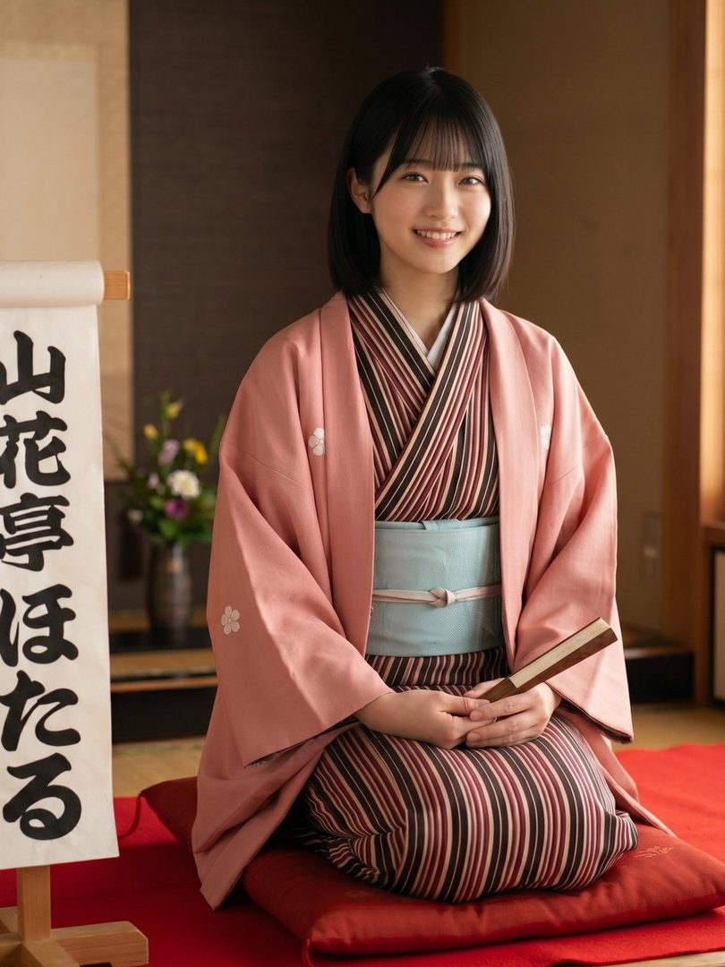 A young Japanese woman wearing a pink kimono smiles gently while seated on a red cushion in a traditional tatami room.