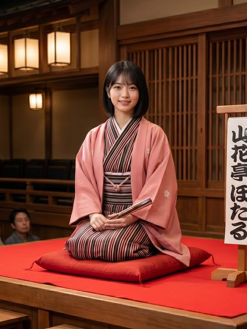 Young Japanese woman in a pink kimono seated on a red cushion on a wooden stage, smiling while holding a book in a traditional setting.