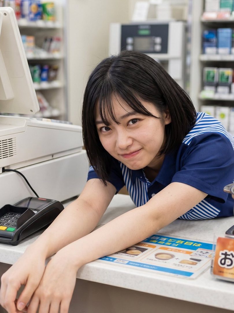 Young Japanese woman in a blue convenience store uniform leaning on the counter with a gentle smile in a brightly lit store interior.