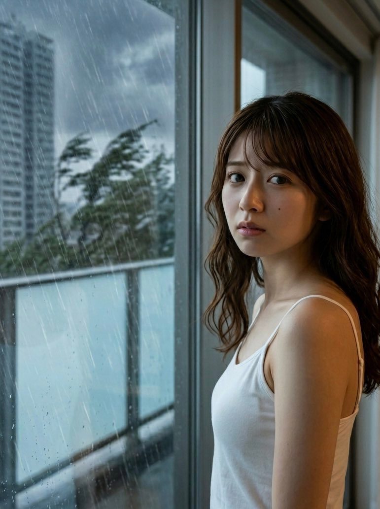 Young East Asian woman with wavy brown hair wearing a white tank top, standing thoughtfully beside a rain-streaked window overlooking city buildings.