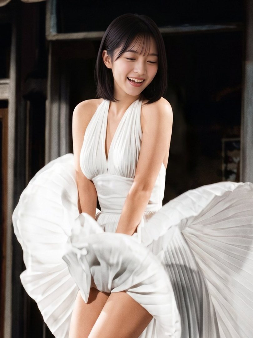 Young East Asian woman with a short black bob smiling joyfully in a dramatic white halter dress with flowing pleats.