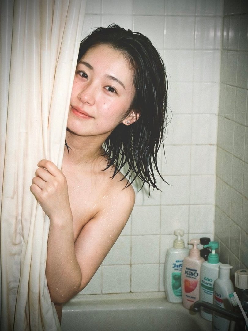 Young East Asian woman with wet dark hair peeking from behind a shower curtain in a tiled bathroom, water droplets on skin.