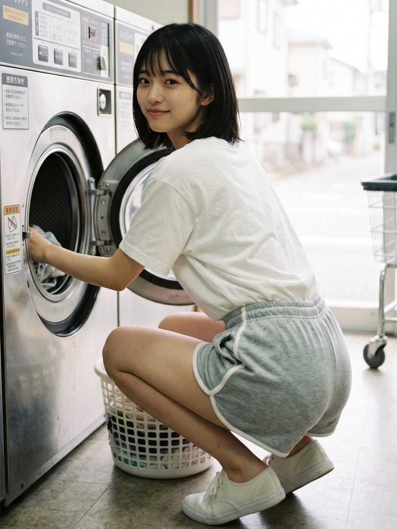 Young East Asian woman with short black hair squatting in a bright laundromat, smiling over her shoulder while reaching into an open washing machine.