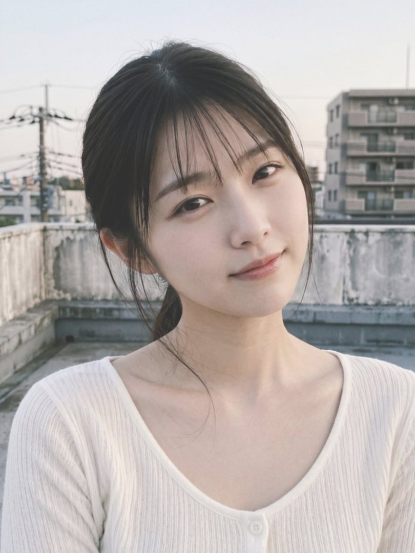 Young East Asian woman with long dark hair in a white cardigan, posing on an urban rooftop at dusk.