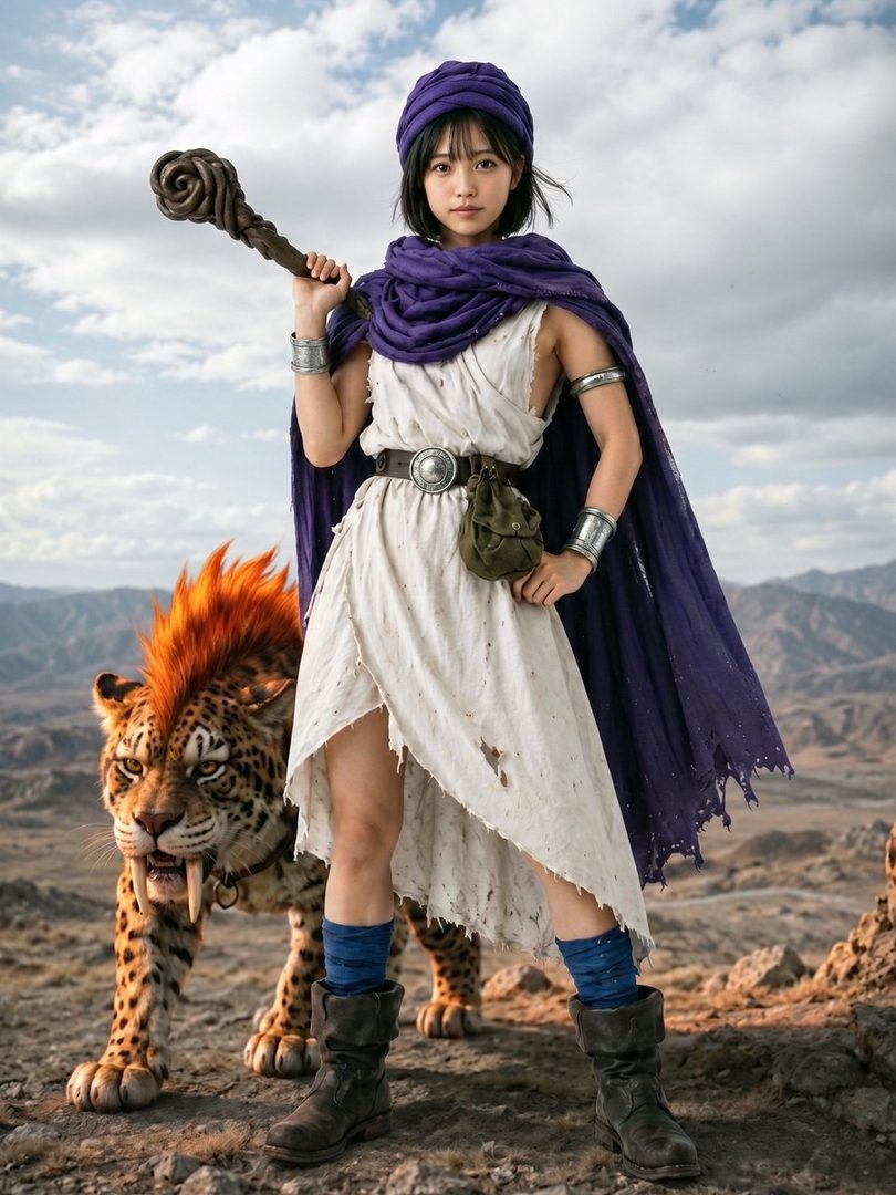 Young woman in fantasy adventurer attire holding a staff beside a fierce leopard in a vast rocky desert under a cloudy sky.