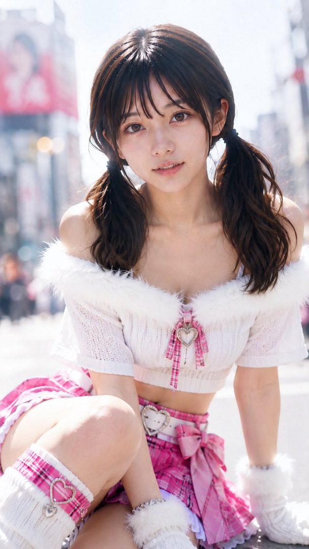 Young woman with dark pigtails in a cute pink plaid gyaru outfit sitting on a sunny city street.