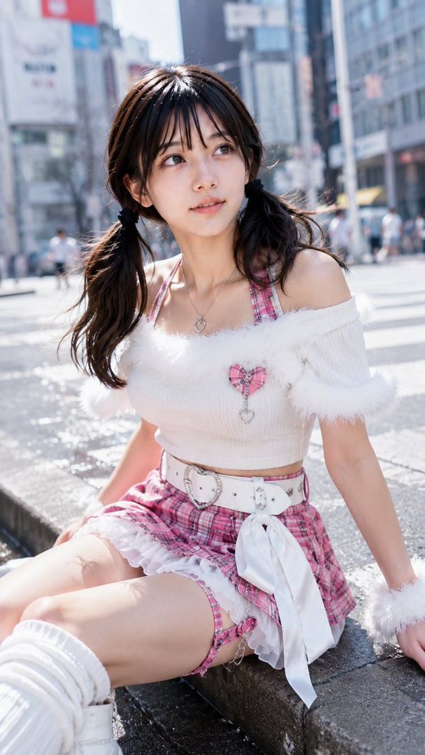 Young East Asian woman with dark pigtails in a fluffy white off-shoulder top and pink plaid skirt sitting on city steps in bright sunlight.
