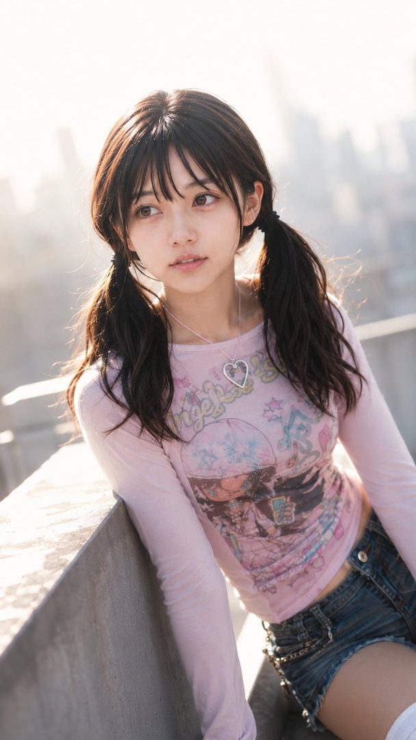 Young woman with dark pigtails in a pink graphic crop top and denim shorts posing on an urban balcony overlooking a city skyline.