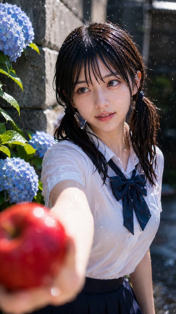 Young woman in wet school uniform holding a red apple in front of blue hydrangeas with water splashes.