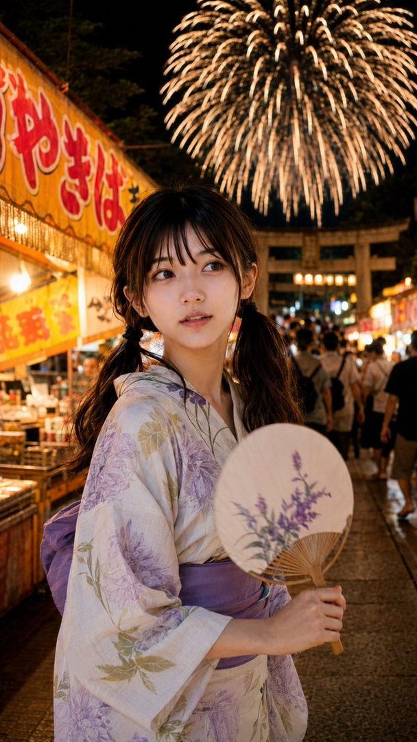 Young woman in a purple floral yukata holding a fan at a lively Japanese night festival with fireworks overhead.