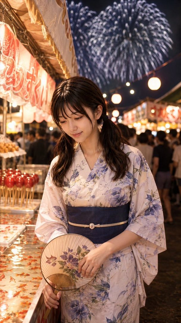 Young woman in a light floral yukata holding a fan at a bustling Japanese night festival with fireworks overhead.