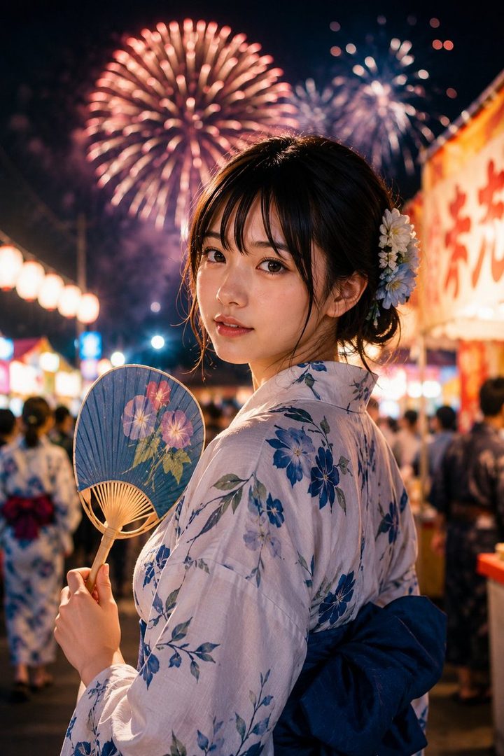A young Japanese woman in a blue floral yukata holding a fan, standing at a lively nighttime festival with fireworks overhead.
