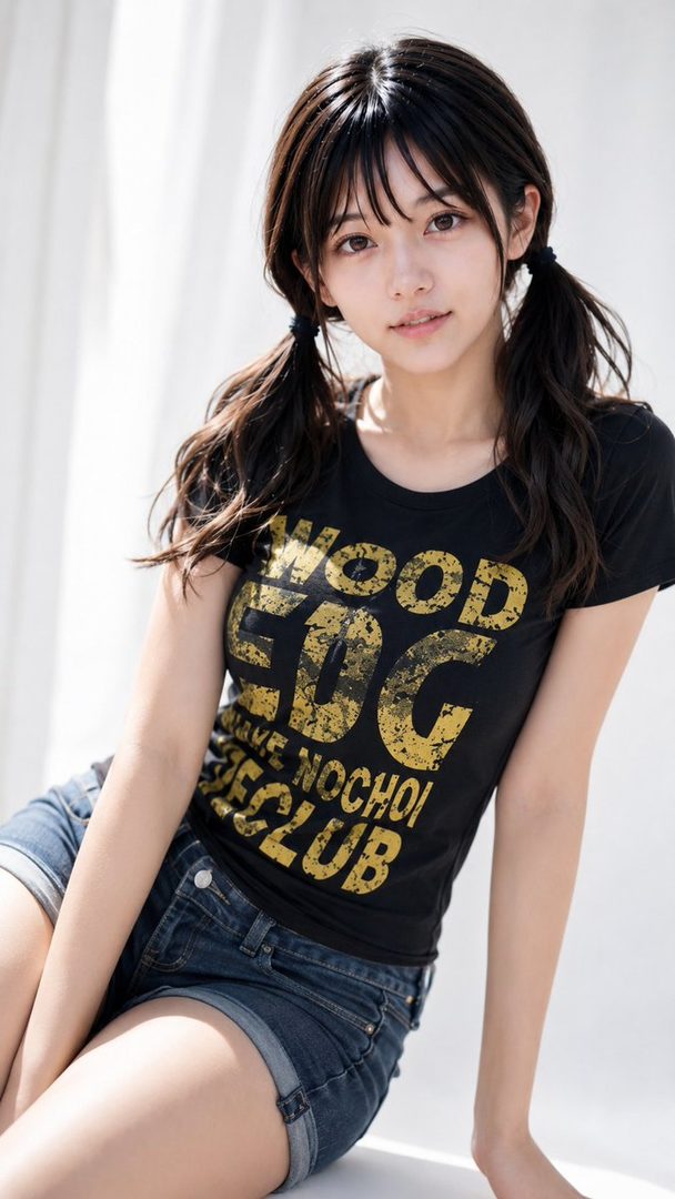 Young woman with dark pigtails in a black graphic tee and denim shorts, seated indoors by white curtains.