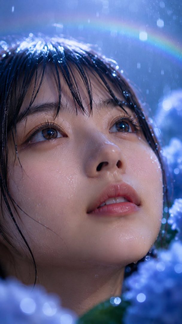 Close-up beauty portrait of a young East Asian woman with wet black hair and glistening water droplets, gazing upward under a rainbow amid blue hydrangeas in misty rain.