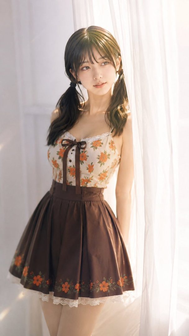 A young woman with dark pigtails in a floral top and brown skirt poses gracefully by a sunlit window with sheer curtains.