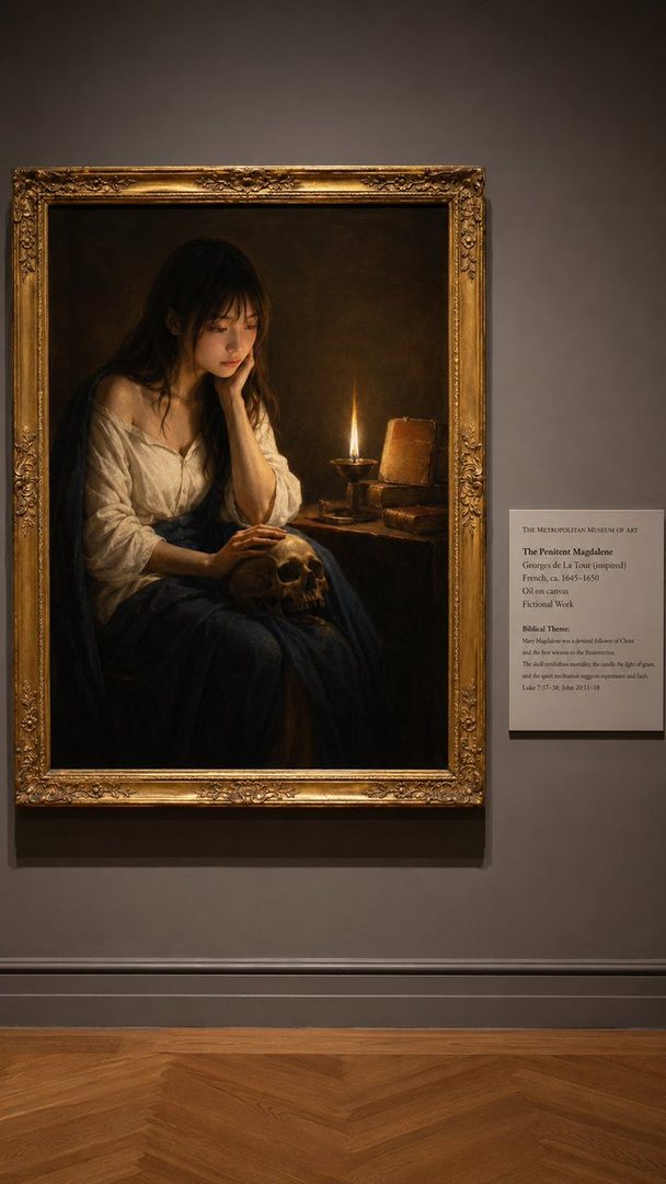 Classical oil painting of Mary Magdalene seated in quiet reflection beside a flickering candle, resting her hand on a skull in a dark interior.