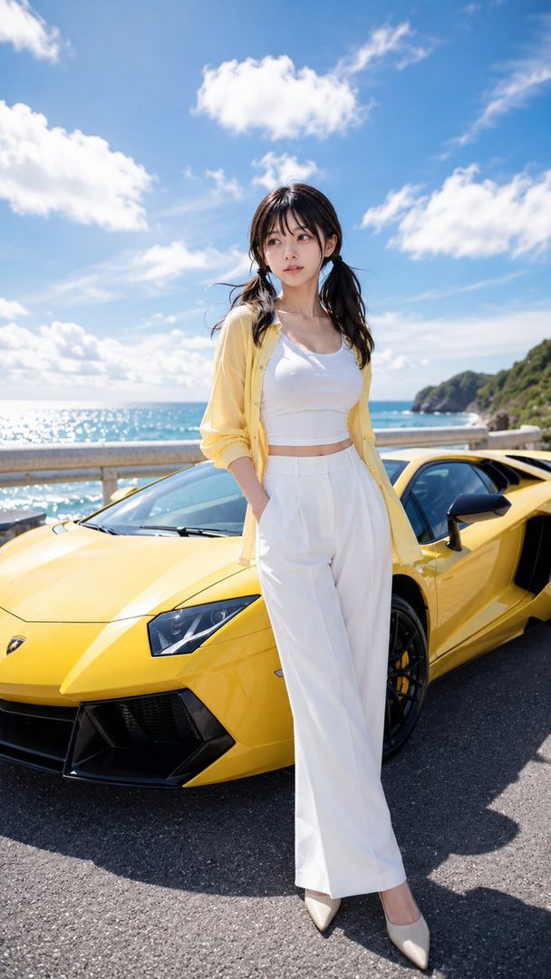 Young woman with pigtails in a yellow cardigan and white outfit posing beside a yellow sports car on a sunny coastal road.