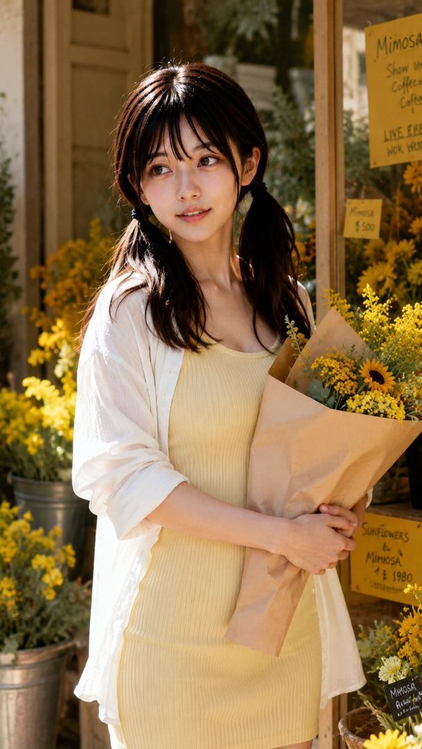 Young woman with dark pigtails in a yellow dress holding a bouquet of sunflowers outside a flower shop.