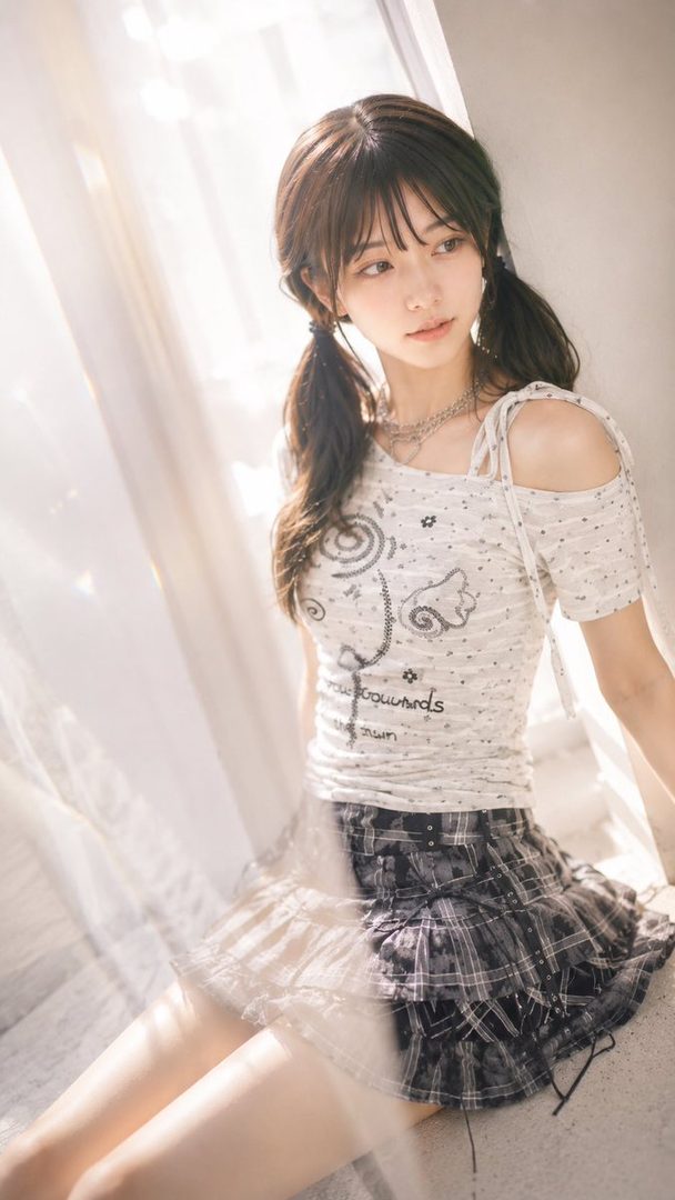 A young woman with brown pigtails sits by a sunlit window wearing a white off-shoulder top and plaid skirt.