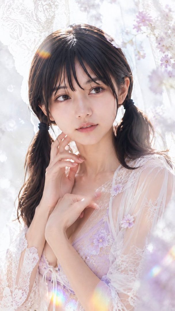 Portrait of a young woman with dark pigtails in a sheer floral lace dress against a soft glowing flower backdrop.