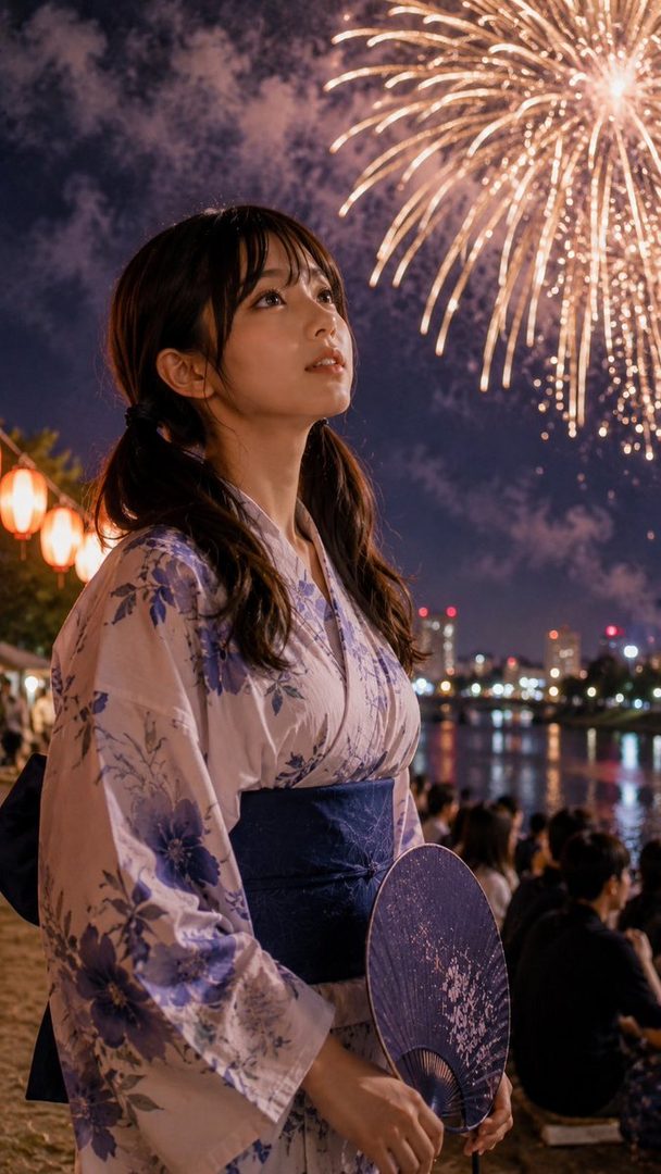 Young woman in a blue floral yukata holding a fan, gazing upward at fireworks over a river at night.