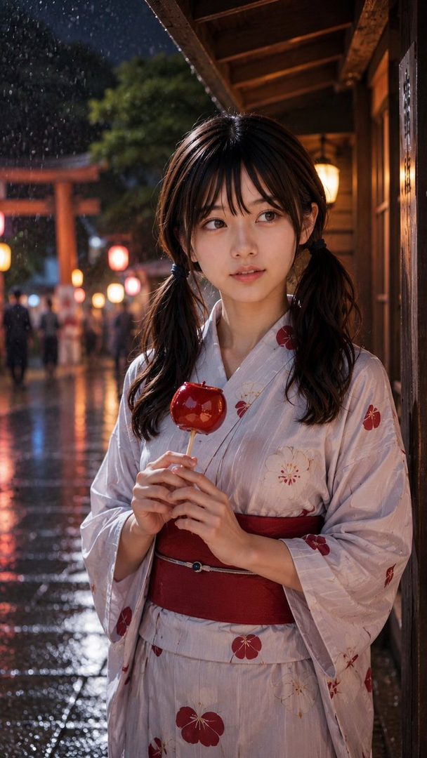 Young woman in a white floral kimono holding a candied apple on a rainy night at a Japanese shrine with torii gate and lanterns.