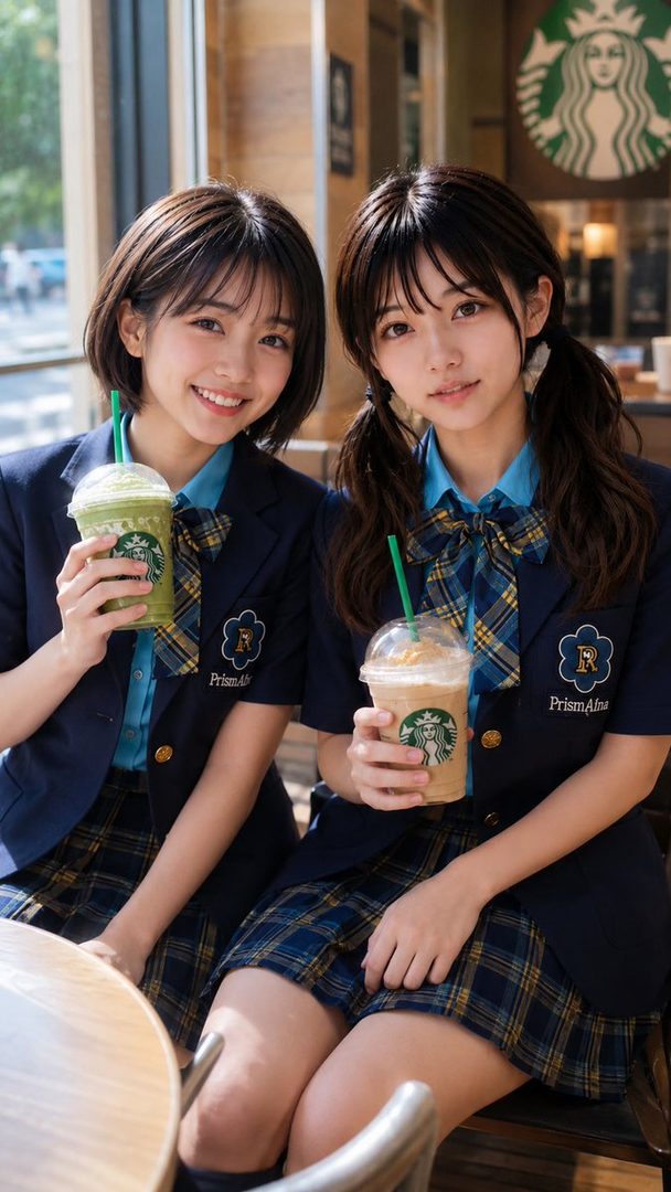 Two young women in matching navy school uniforms smiling while holding Starbucks drinks inside a cafe.
