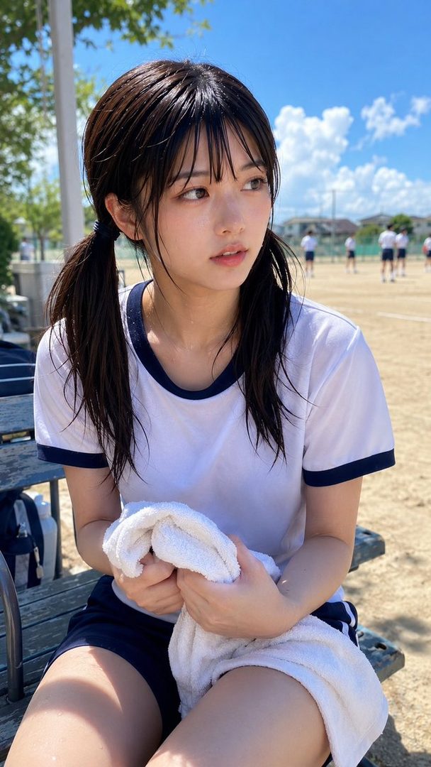 Young East Asian woman with ponytail in sports clothes sitting on a bench holding a towel on a sunny athletic field.