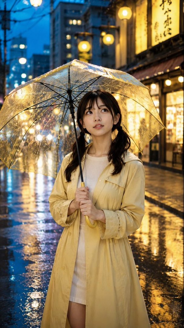 Young East Asian woman in a yellow raincoat holding a clear umbrella on a wet city street at night under glowing lanterns.