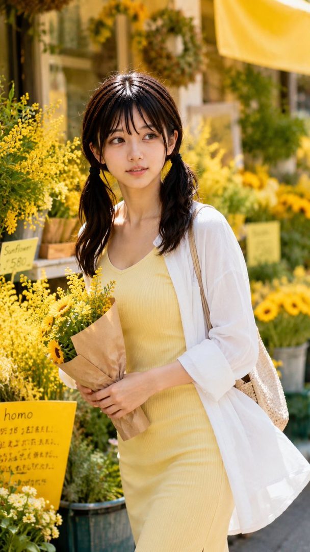 Young woman with dark pigtails holding a bouquet of sunflowers in a sunny outdoor flower market.