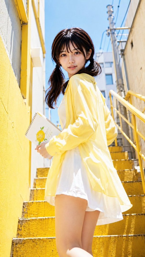 A young woman with dark pigtails wearing a yellow shirt over a white dress holds a lemon notebook while standing on bright yellow stairs under clear blue sky.