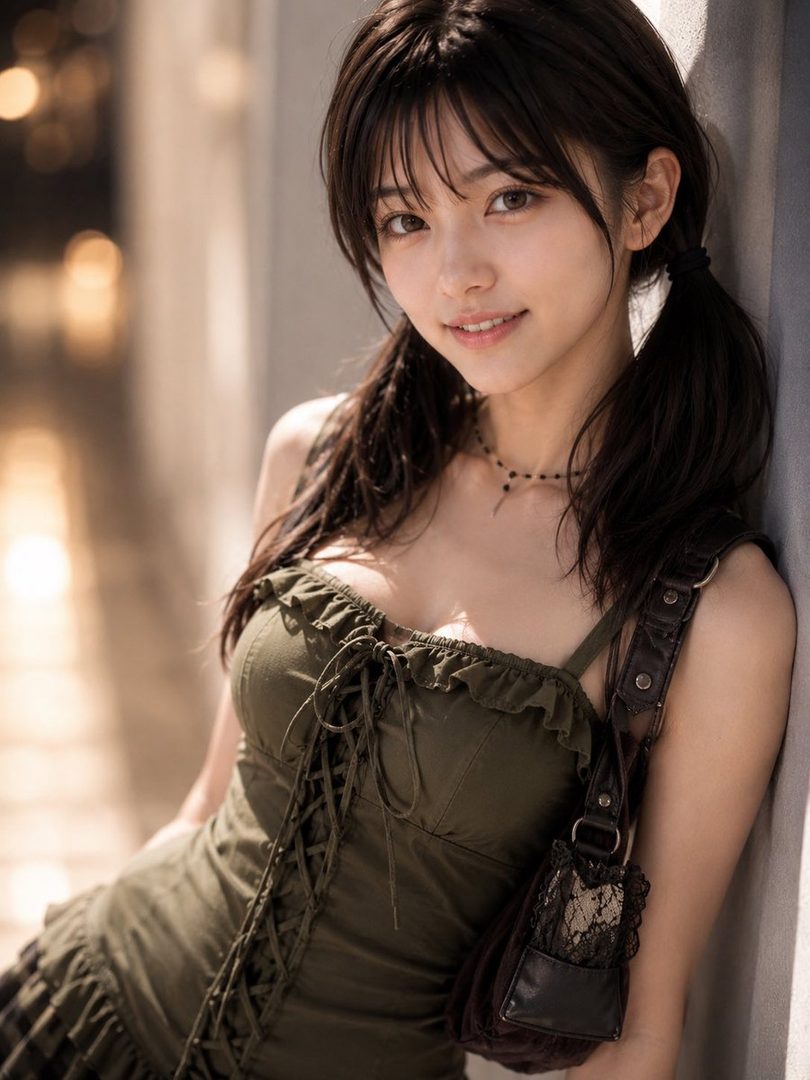A young woman with dark pigtails in a green lace-up dress leans against a wall with soft golden lighting and gentle smile.
