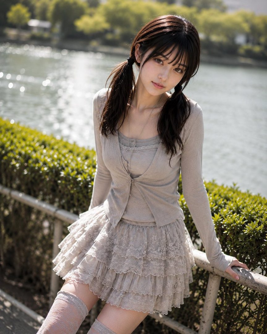 A young woman with dark pigtails poses gracefully by a sunlit river wearing a soft beige lace outfit.
