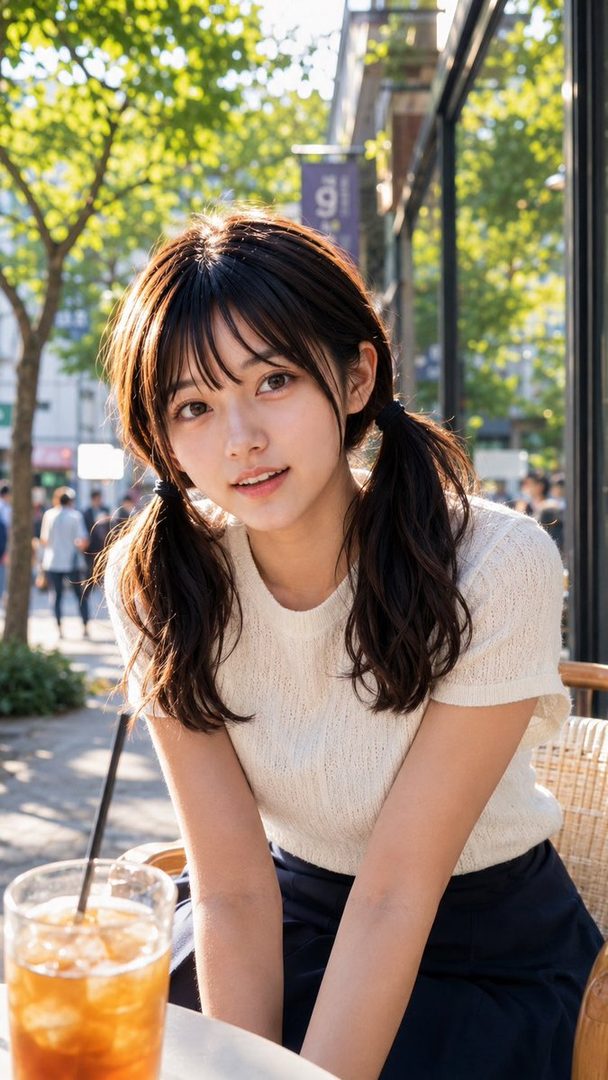 Young woman with dark pigtails in a white knit top sitting at a sunny outdoor cafe with an iced drink.