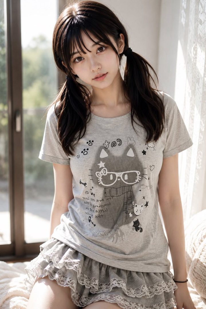 A young woman with dark pigtails in a cat-print t-shirt and lace-trimmed skirt sits by a bright window in soft natural light.